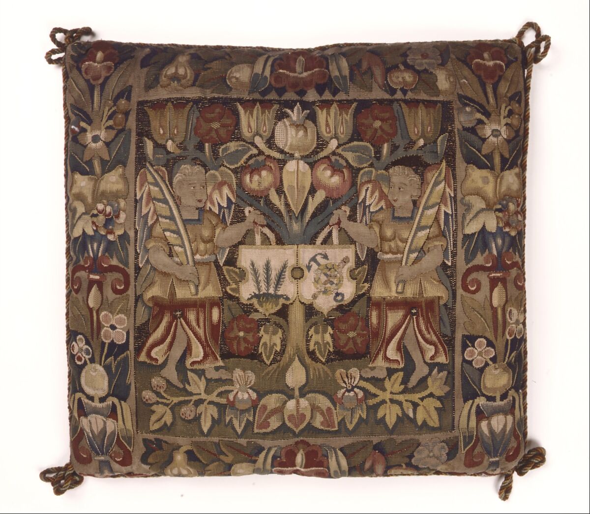 Cushion Cover with Coats of Arms, Linen, wool, and silk in a slit tapestry weave; Backing: cotton weft-float and silk in slit tapestry weave; Cord edging: wool z ply, Northern Germany, probably Hamburg 