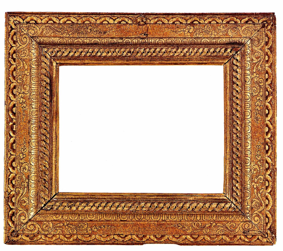 Reverse cassetta frame, Oak. Carved, gilt; brown-red bole, dragon's blood., Southern French
