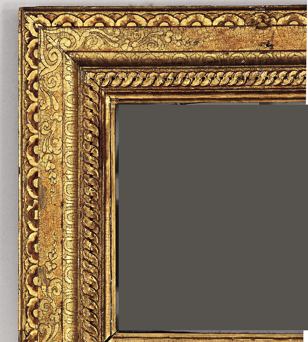 Reverse cassetta frame, Oak. Carved, gilt; brown-red bole, dragon's blood., Southern French