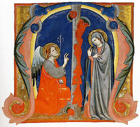 Annunciation in an Initial M, Maestro Daddesco (Italian, Florence, active ca. 1320–40) (?), Tempera and gold on parchment