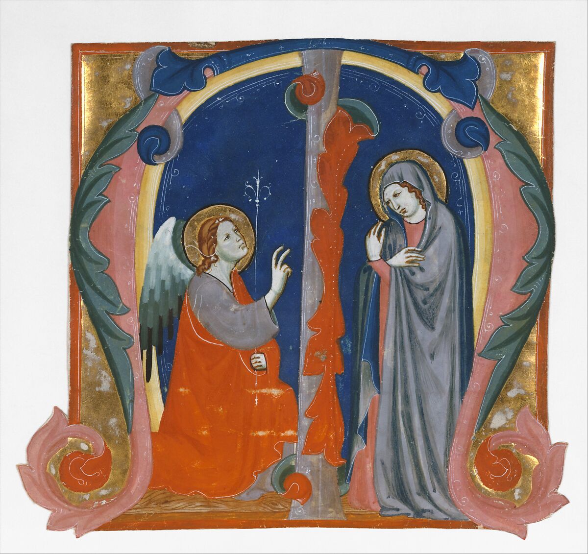 Annunciation in an Initial M, Maestro Daddesco (Italian, Florence, active ca. 1320–40) (?), Tempera and gold on parchment 