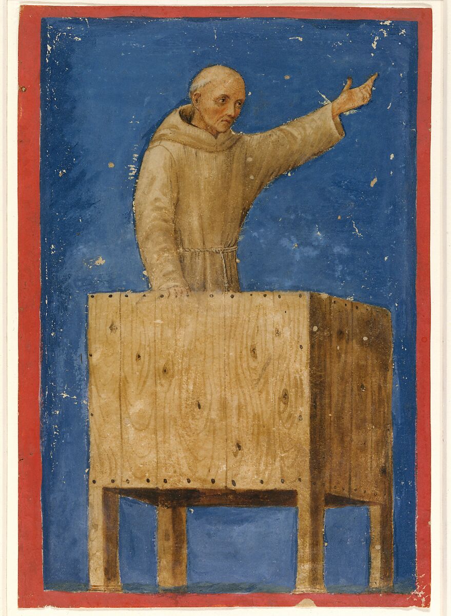 Saint Bernardino Preaching from a Pulpit, Francesco di Giorgio Martini (Italian, Siena 1439–1501 Siena), Tempera on parchment 