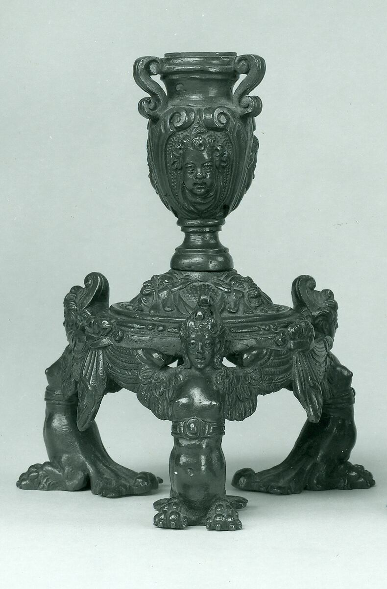 Candlestick supported by three female demi-figures (pair with .1379), Copper alloy with a reddish to brown patina and remnants of a black lacquer patina., Italian, Venice 