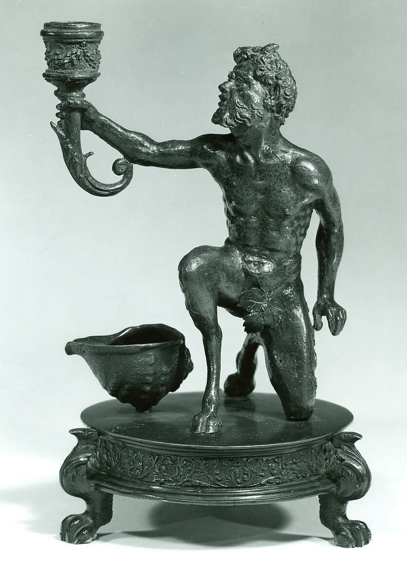 Satyr, Workshop of Desiderio da Firenze (Italian, born Florence, active Padua, 1532–45), Copper alloy with a reddish brown patina; the base and shell with a dark brown patina. 