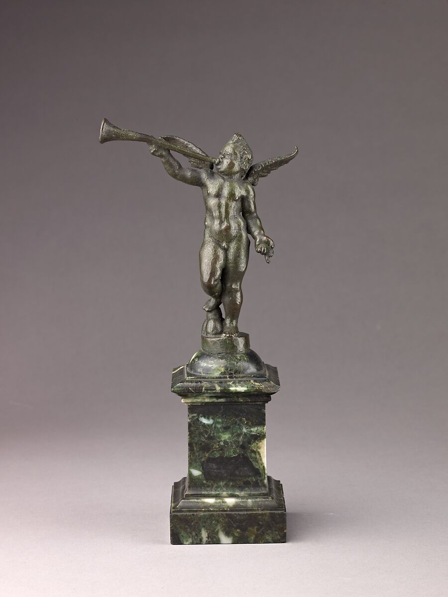 Angel, Ludovico del Duca (Italian, Rome, active 1551 (?)–died after 1603), Copper alloy, with brown patina under a grayish lacquer and various spots of
bright green corrosion 