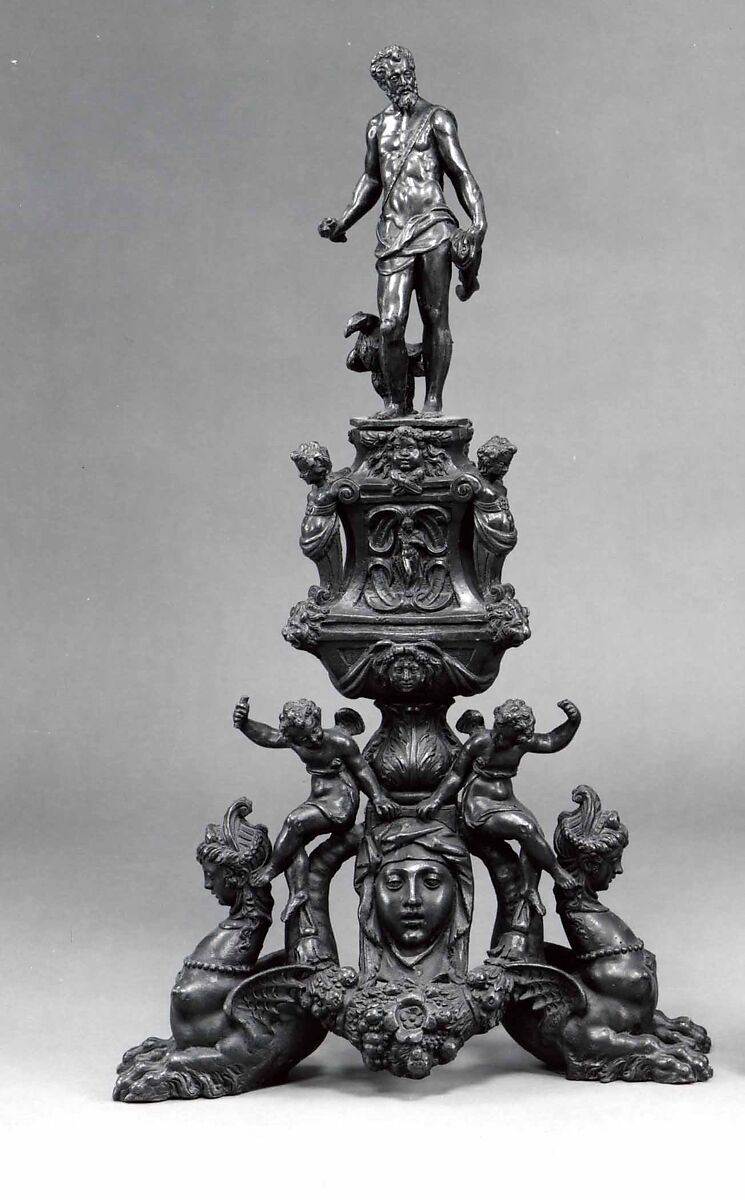 Andiron with the Figure of Jupiter, Model, workshop of Niccolò Roccatagliata (Italian, born Genoa, active 1593–1636) (?), Venice, Bronze, dark brown wax or lacquer patina. 