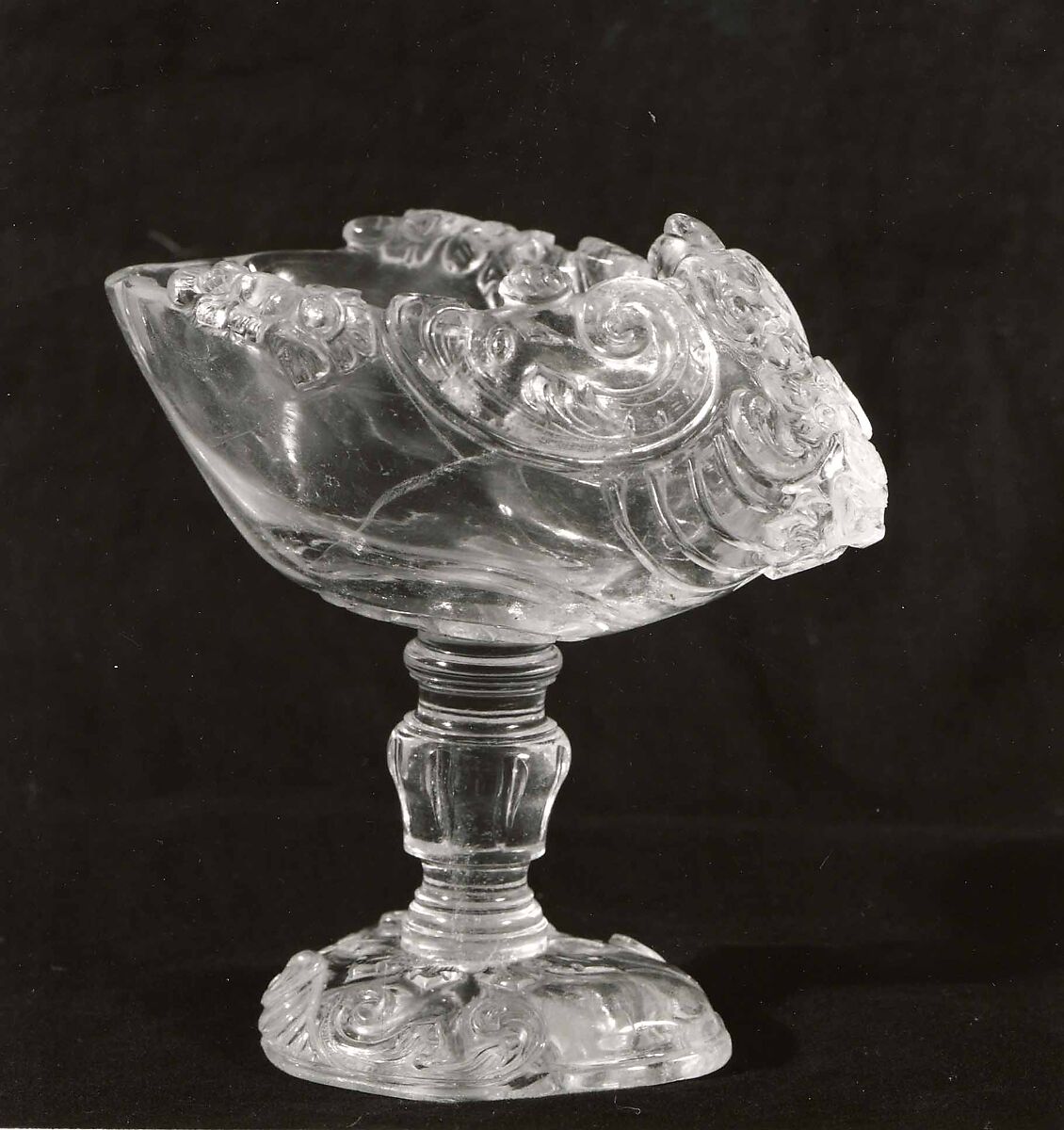Crystal shell cup on foot, Quartz cut on the wheel., Western Europe, probably Austria or Germany 