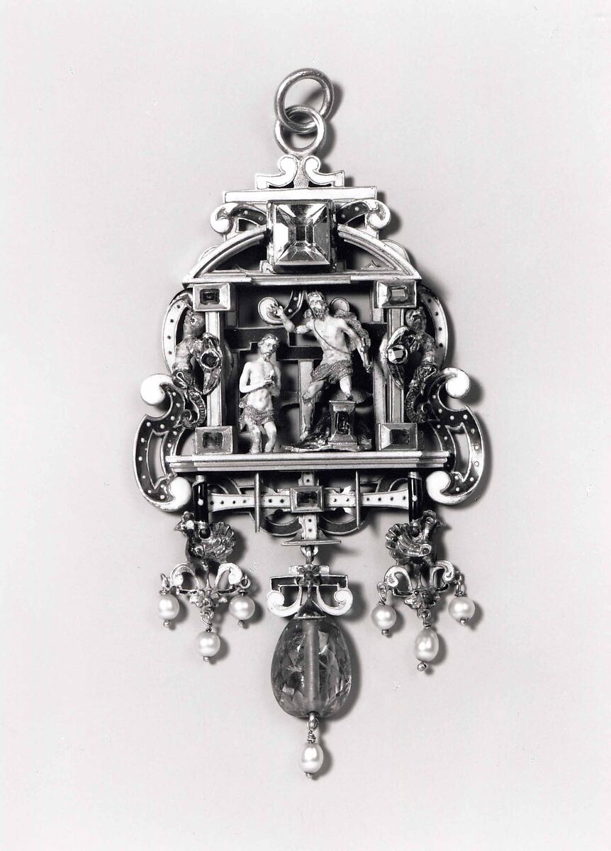 Pendant with the Baptism of Christ, Enameled gold, rubies, amethyst, crystal and pearls., probably Austro-Hungarian (Transylvania?) or German 