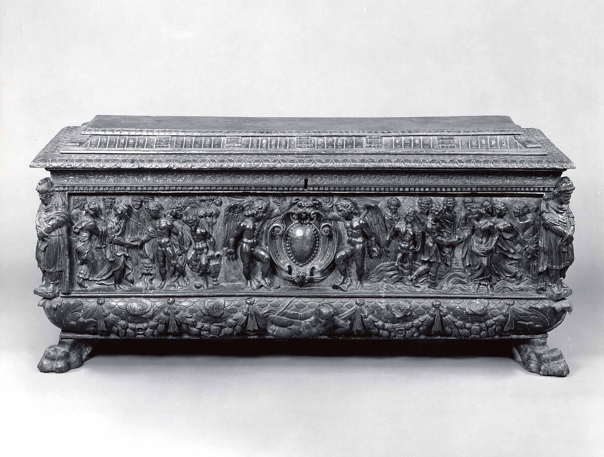 Cassone, Walnut, carved and partially gilded, iron., Italian, Rome 