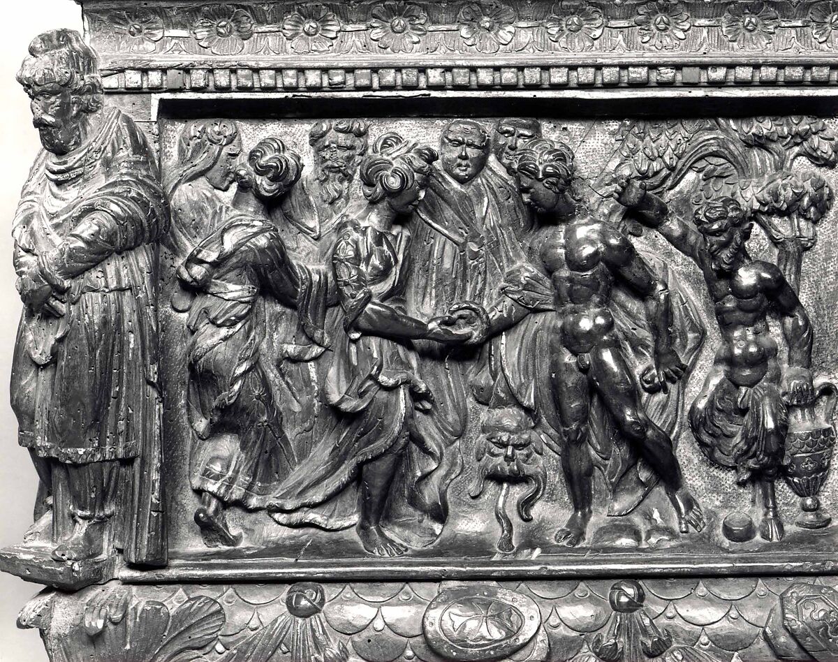 Cassone, Walnut, carved and partially gilded, iron., Italian, Rome