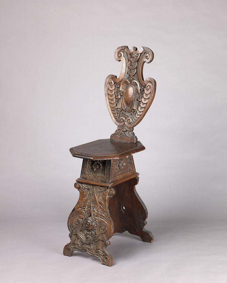 Side chair (sgabello a dorsale), Walnut, carved., Italian, Rome or Florence (?) 