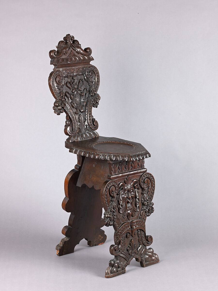 Side chair (Sgabello, pair with 1975.1.1990), Walnut, carved., Italian, Rome or Florence 