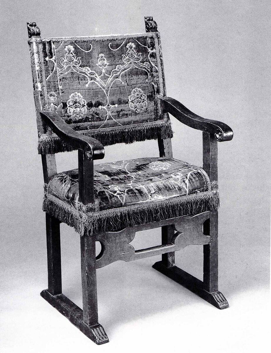 Armchair, Walnut, carved and turned; dark red silk and satin cut velvet; gilt metal tape with fringe gilt-metal thread., Iberian or Flemish (woodwork); Italian (or Spanish?) (textiles) 
