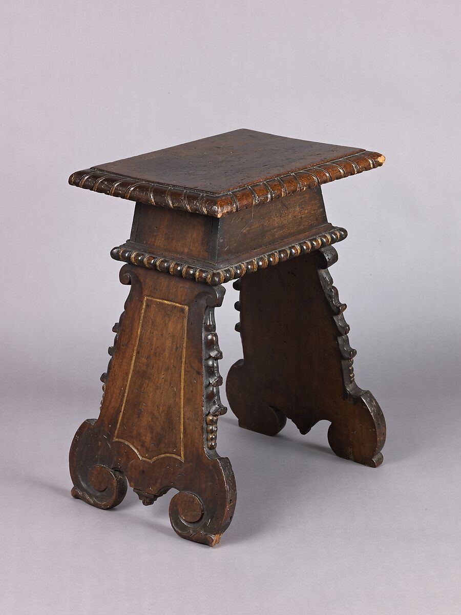 Stool (pair with 1975.1.2003), Walnut, carved, partially gilded., Italian 