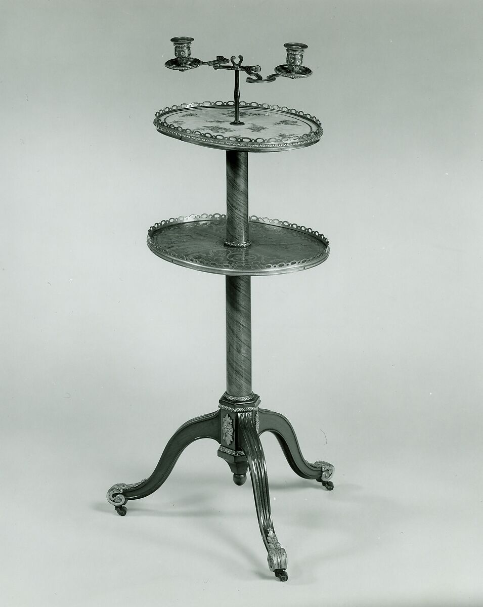 Candlestand and holder (guéridon), Attributed to Martin Carlin (French, near Freiburg im Breisgau ca. 1730–1785 Paris), Oak veneered with tulipwood and amaranth, the marquetry of tulipwood, boxwood, and sycamore.  Legs and hub are of solid amaranth; there is a steel shaft; mounts are of gilt bronze.