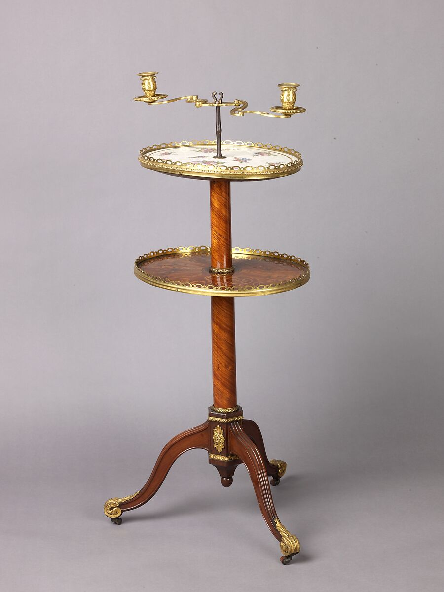 Candlestand and holder (guéridon), Attributed to Martin Carlin (French, near Freiburg im Breisgau ca. 1730–1785 Paris), Oak veneered with tulipwood and amaranth, the marquetry of tulipwood, boxwood, and sycamore.  Legs and hub are of solid amaranth; there is a steel shaft; mounts are of gilt bronze. 