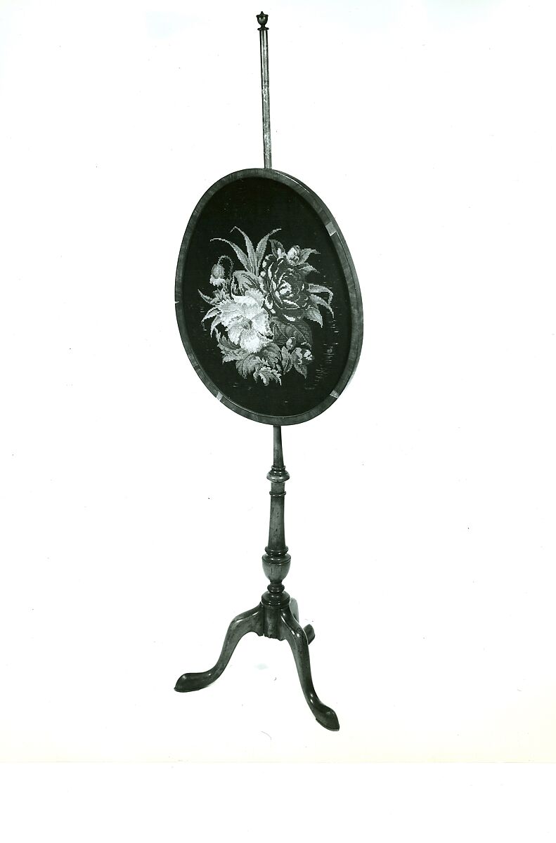 Tripod pole fire screen, Satinwood, walnut, and other woods; needlework., British