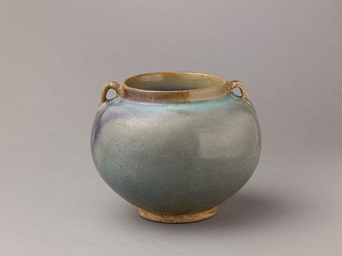 Two-eared jar, Jun ware, Chinese  , Jin/Yuan Dynasty, Stoneware with flushed blue glaze., Chinese 
