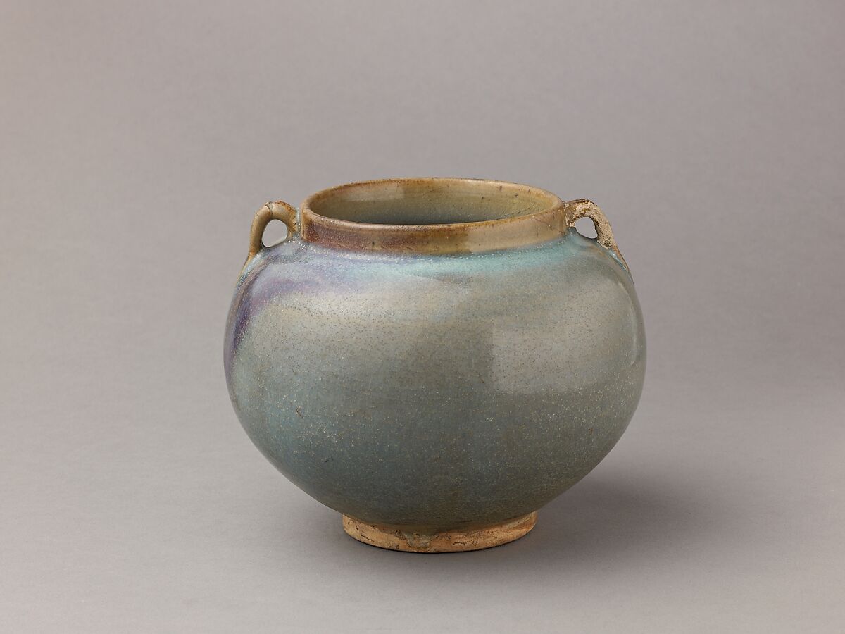 Two-eared jar, Jun ware, Chinese  , Jin/Yuan Dynasty, Stoneware with flushed blue glaze., Chinese
