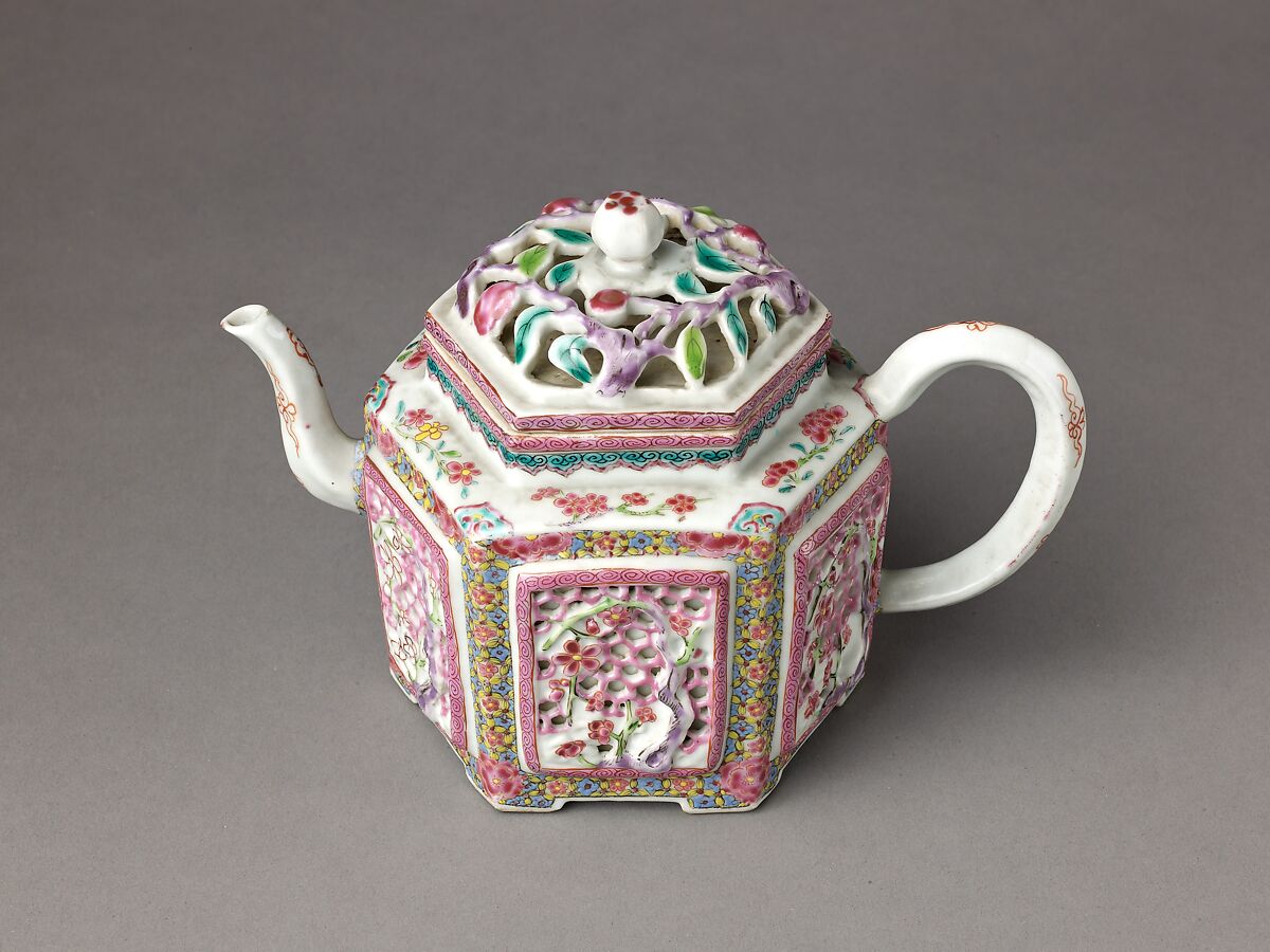 Hexagonal wine pot or teapot, Chinese  , Qing Dynasty, Porcelain with reticulated ornamentation, painted in overglaze famille rose enamels., Chinese
