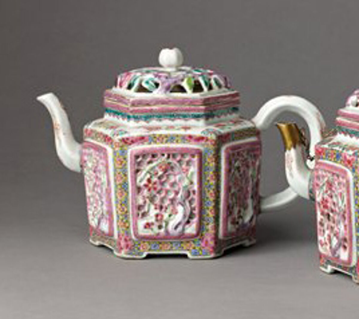 Hexagonal wine pot or teapot, Chinese  , Qing Dynasty, Porcelain with reticulated ornamentation, painted in overglaze famille rose enamels., Chinese