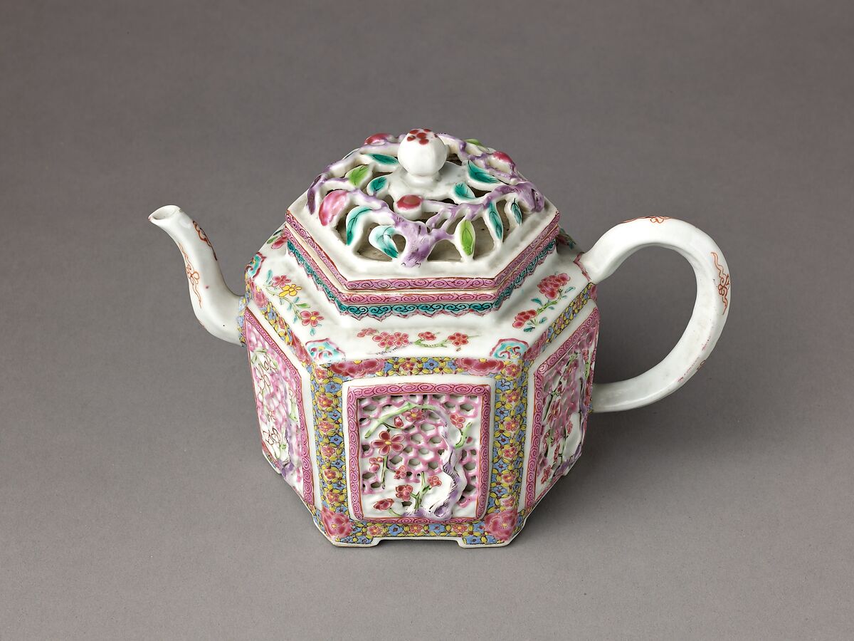 Hexagonal wine pot or teapot, Chinese  , Qing Dynasty, Porcelain with reticulated ornamentation, painted in overglaze famille rose enamels., Chinese