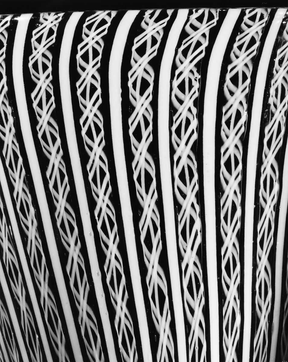 Colorless (gray) and opaque white nonlead glass. Blown, "vetro a retorti"., Italian, Venice