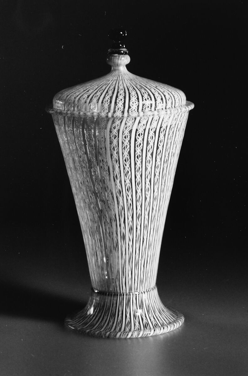 Colorless (gray) and opaque white nonlead glass. Blown, "vetro a retorti"., Italian, Venice