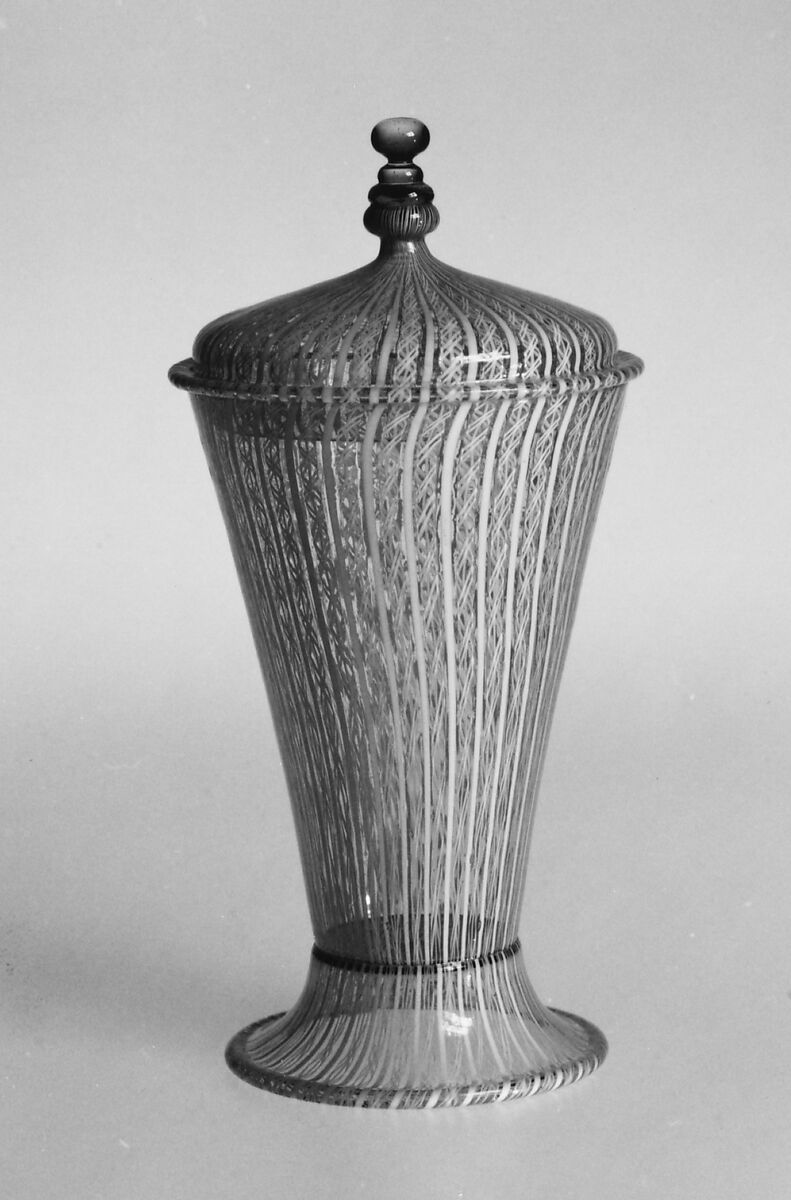 Colorless (gray) and opaque white nonlead glass. Blown, "vetro a retorti"., Italian, Venice