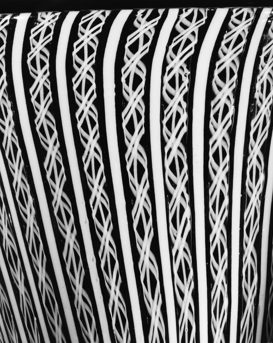 Colorless (gray) and opaque white nonlead glass. Blown, "vetro a retorti"., Italian, Venice