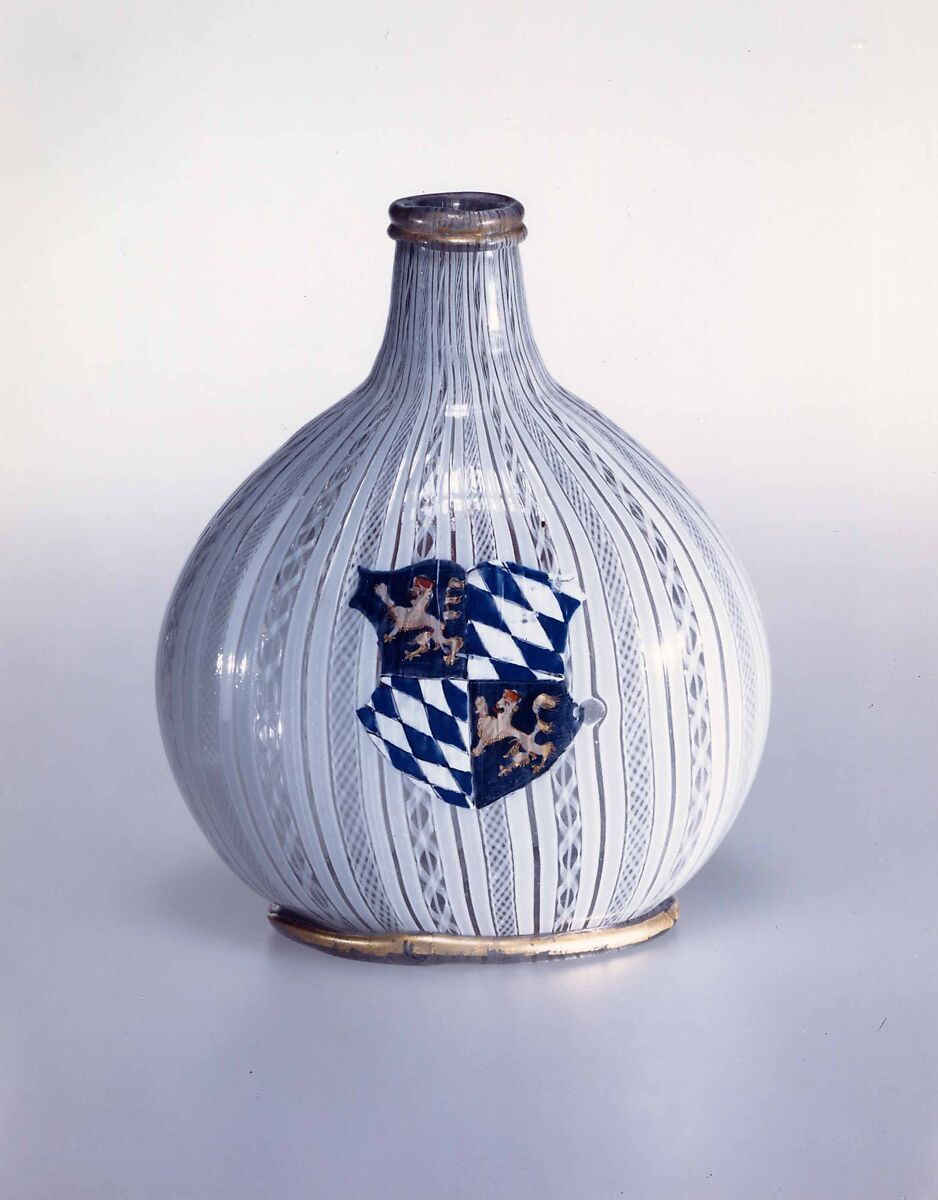 Armorial flask, Colorless (slightly gray) and opaque white nonlead glass.  Blown, "vetro a retorti", enameled, gilt., Venetian or façon de Venise, possibly Saxony 