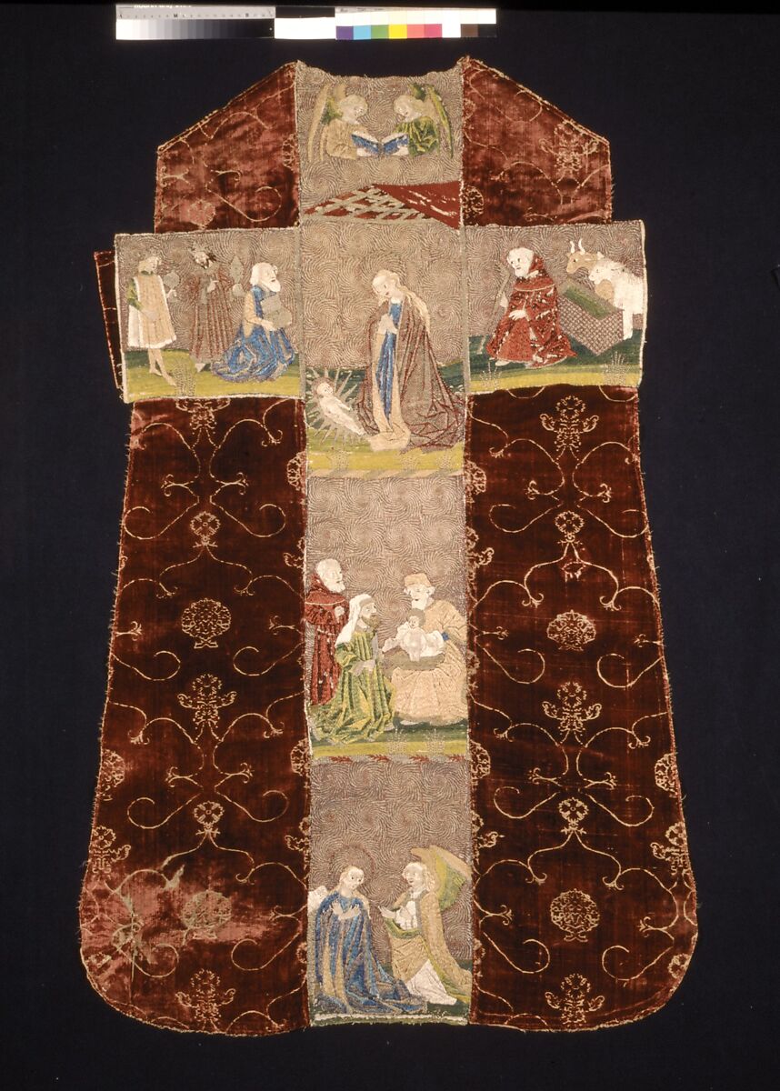 Chasuble Back with an Orphrey Cross, Chasuble Back: silk 
Orphrey Cross:  linen plain weave embroidered with silk and gilt-animal-substrate-wrapped linen., Italian or Spanish; German 