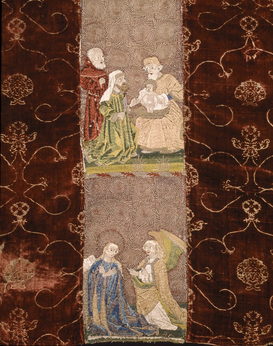 Chasuble Back with an Orphrey Cross, Chasuble Back: silk 
Orphrey Cross:  linen plain weave embroidered with silk and gilt-animal-substrate-wrapped linen., Italian or Spanish; German