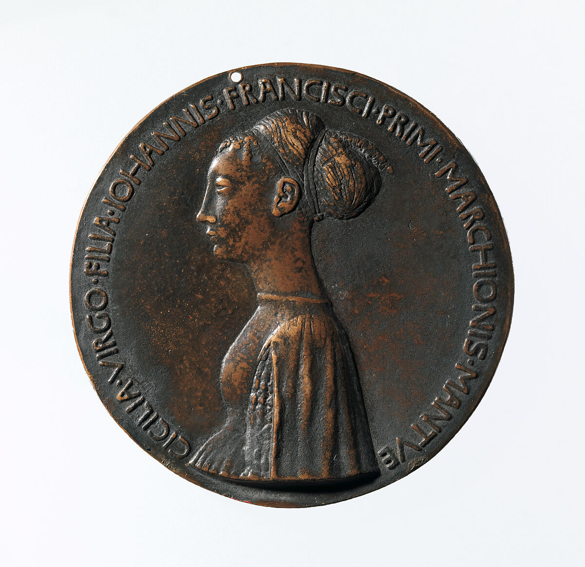 Portrait medal of Cecilia Gonzaga (obverse); Innocence and a Unicorn in a Moonlit Landscape (reverse), Pisanello (Antonio Pisano) (Italian, Pisa or Verona by 1395–1455), Bronze (copper alloy with warm brown patina under a worn layer of black wax) 