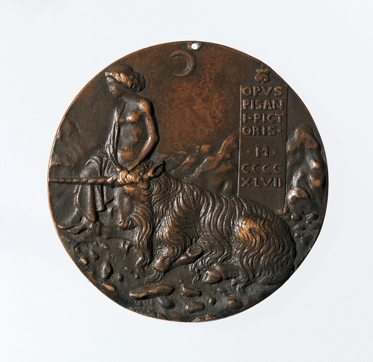 Portrait medal of Cecilia Gonzaga (obverse); Innocence and a Unicorn in a Moonlit Landscape (reverse), Pisanello (Antonio Pisano) (Italian, Pisa or Verona by 1395–1455), Bronze (copper alloy with warm brown patina under a worn layer of black wax)