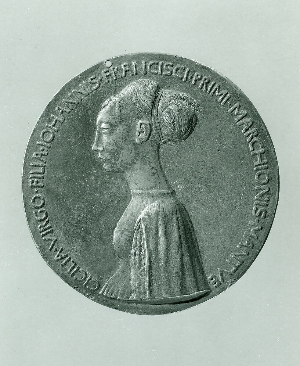 Portrait medal of Cecilia Gonzaga (obverse); Innocence and a Unicorn in a Moonlit Landscape (reverse), Pisanello (Antonio Pisano) (Italian, Pisa or Verona by 1395–1455), Bronze (copper alloy with warm brown patina under a worn layer of black wax)