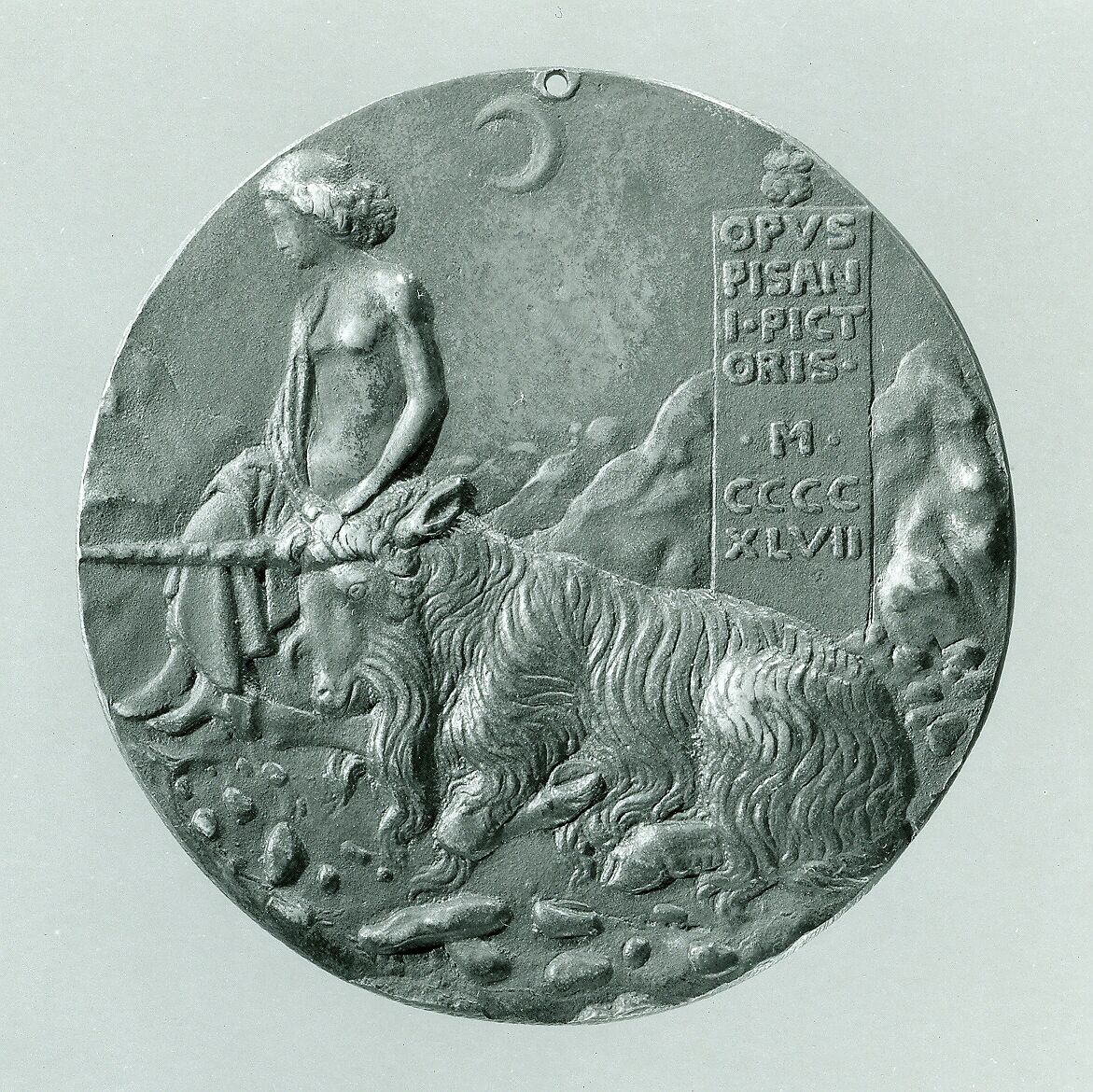 Portrait medal of Cecilia Gonzaga (obverse); Innocence and a Unicorn in a Moonlit Landscape (reverse), Pisanello (Antonio Pisano) (Italian, Pisa or Verona by 1395–1455), Bronze (copper alloy with warm brown patina under a worn layer of black wax)