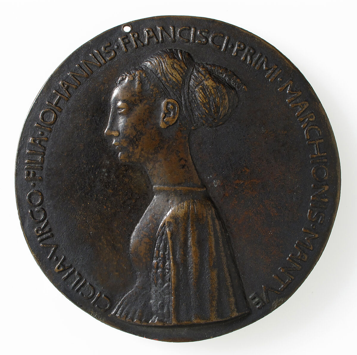 Portrait medal of Cecilia Gonzaga (obverse); Innocence and a Unicorn in a Moonlit Landscape (reverse), Pisanello (Antonio Pisano) (Italian, Pisa or Verona by 1395–1455), Bronze (copper alloy with warm brown patina under a worn layer of black wax)