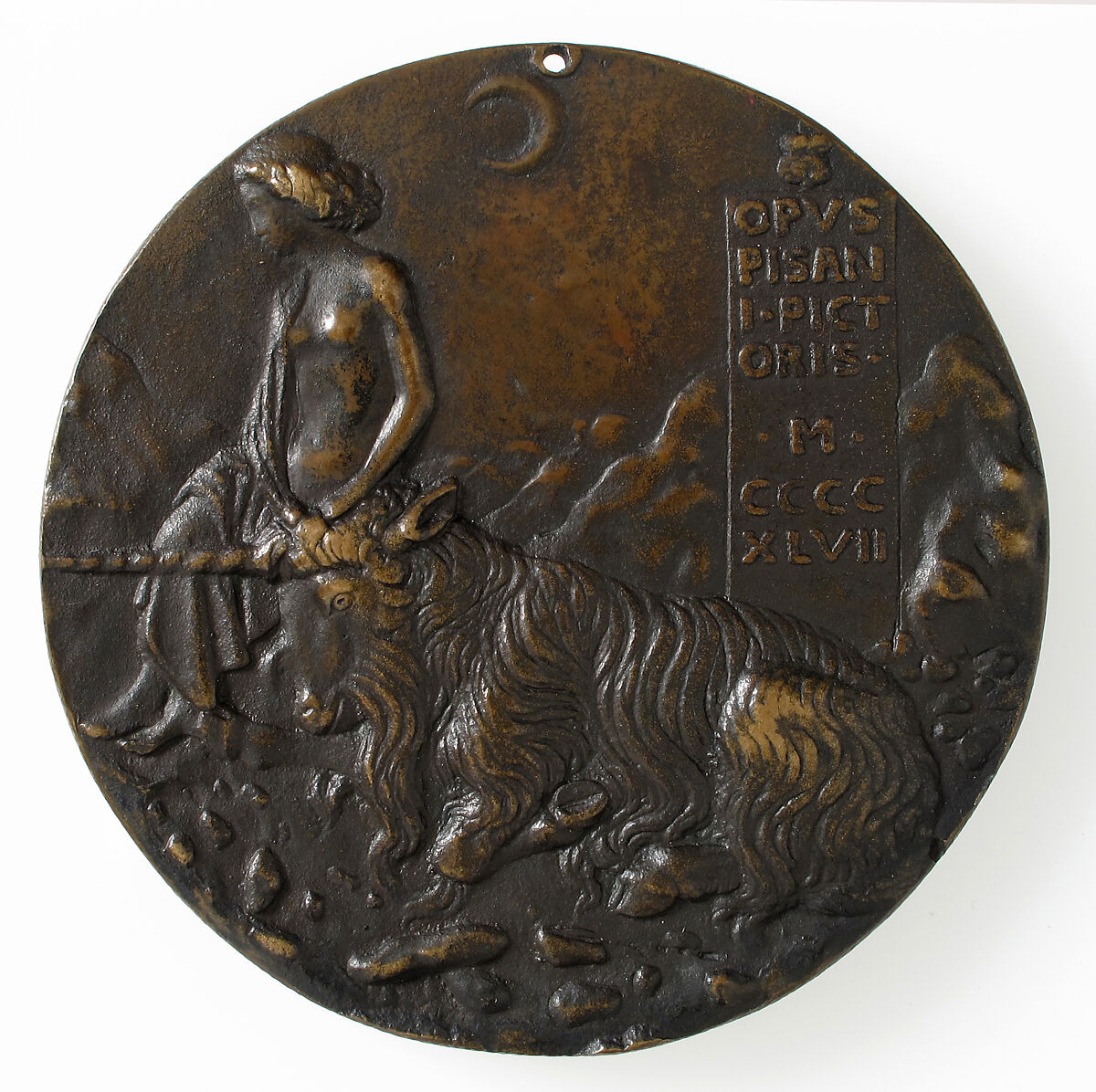 Portrait medal of Cecilia Gonzaga (obverse); Innocence and a Unicorn in a Moonlit Landscape (reverse), Pisanello (Antonio Pisano) (Italian, Pisa or Verona by 1395–1455), Bronze (copper alloy with warm brown patina under a worn layer of black wax)