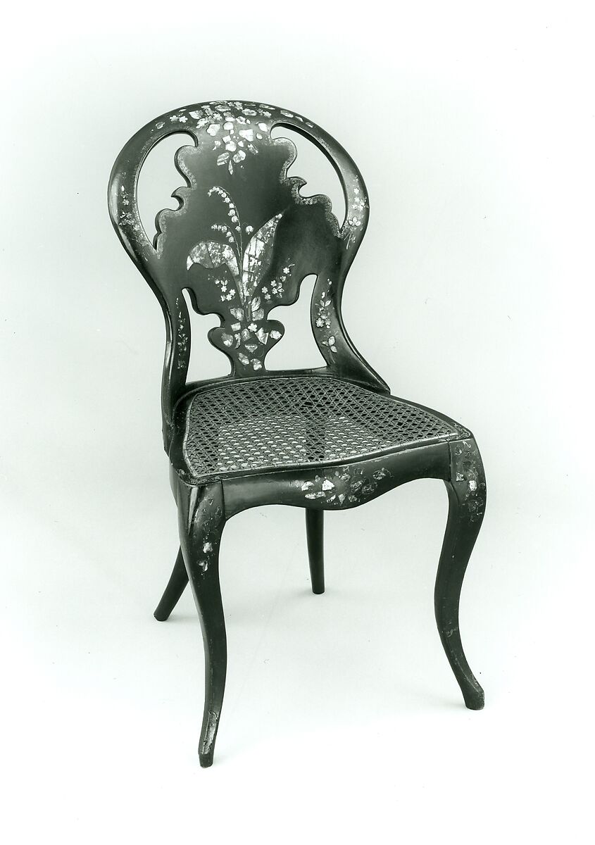 Papier-mâché side chair, Wood, papier-mâché, black lacquer, painted and gilded, mother-of-pearl, caned seat., British (?) 