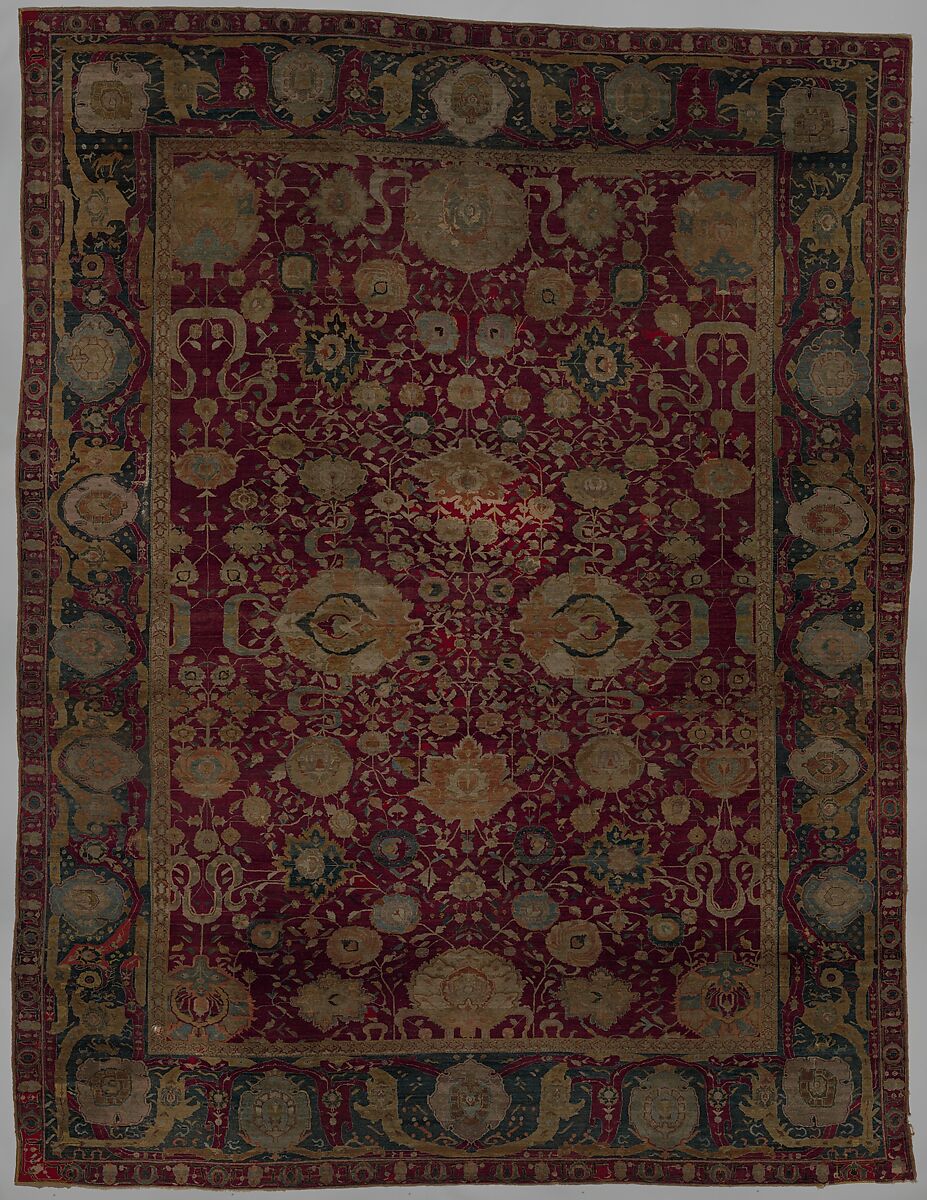 Carpet with vine scroll and palmette pattern, Wool pile on cotton foundation., Indian, probably Poona 
