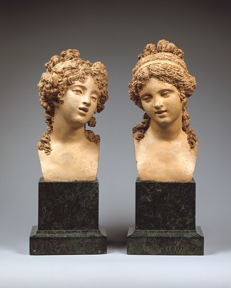 Female Bust, Joseph-Charles Marin (French, Paris 1759–1834 Paris), Terracotta, on green marble pedastal. 