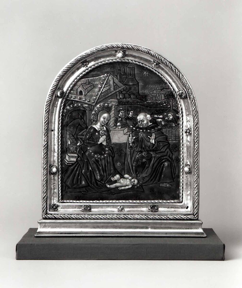 Nativity, Painted enamel, partly gilt, on copper; silver-gilt frame set with pearls, gemstones, and ronde-bosse enamels., probably French