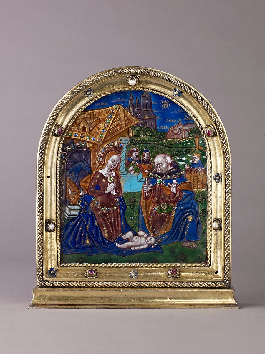 Nativity, Painted enamel, partly gilt, on copper; silver-gilt frame set with pearls, gemstones, and ronde-bosse enamels., probably French 