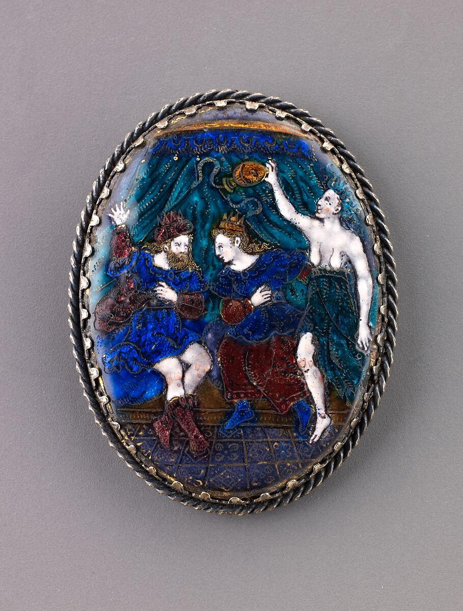 Watchcase cover: Tisiphone Casting Snakes at Athamas and Ino, Jean de Court (French, active ca. 1555–85) or, Painted enamel, partly gilt on copper, mounted on brass; silver-gilt frame 