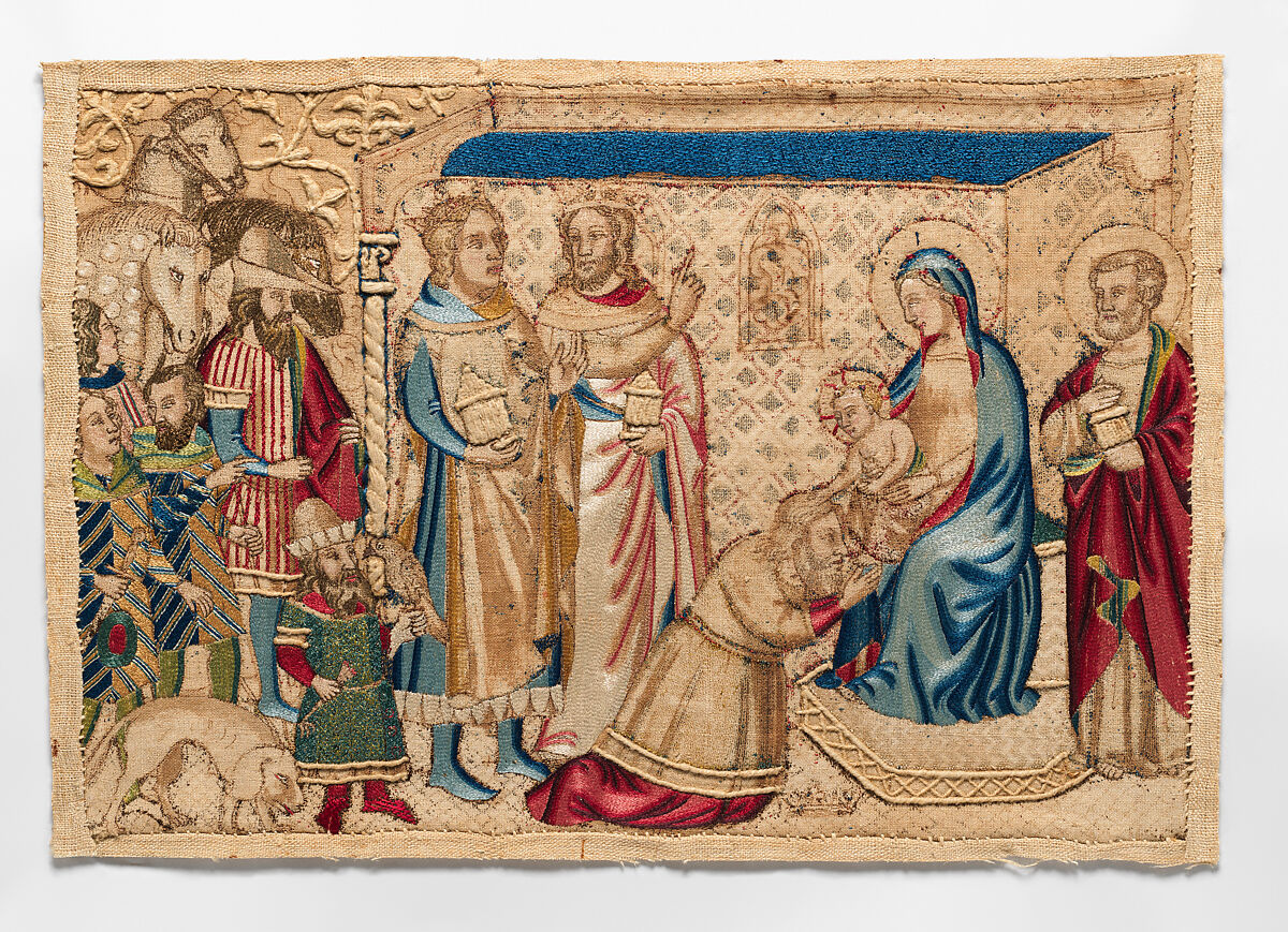 The Adoration of the Magi, Linen and cotton plain weave underlaid with linen plain weave and embroidered with silk and gilt-metal-strip-wrapped silk in bullion, split, and stem stitches, laid work, couching, and couching padded with cotton (couched with linen).  Underdrawing and wash in sepia ink.  Edging: hemp plain weave, Italian