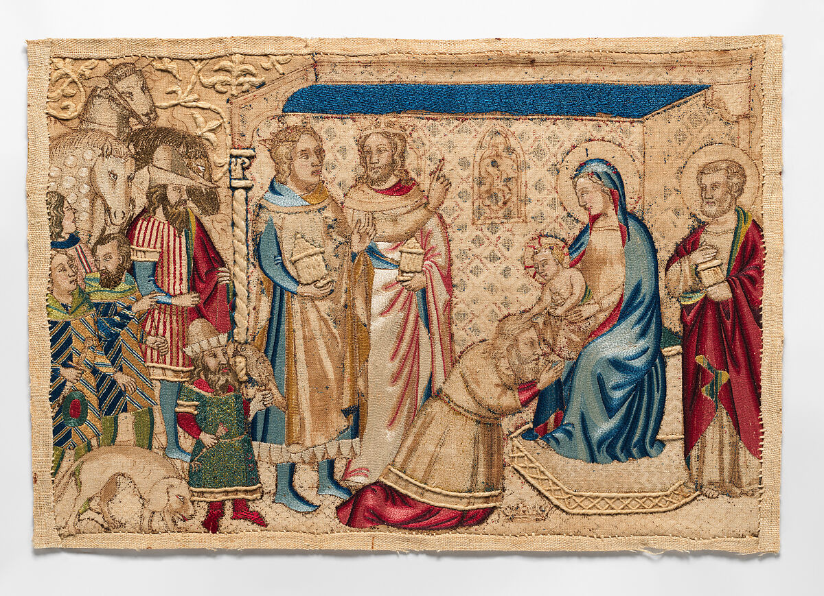 The Adoration of the Magi, Linen and cotton plain weave underlaid with linen plain weave and embroidered with silk and gilt-metal-strip-wrapped silk in bullion, split, and stem stitches, laid work, couching, and couching padded with cotton (couched with linen).  Underdrawing and wash in sepia ink.  Edging: hemp plain weave, Italian 