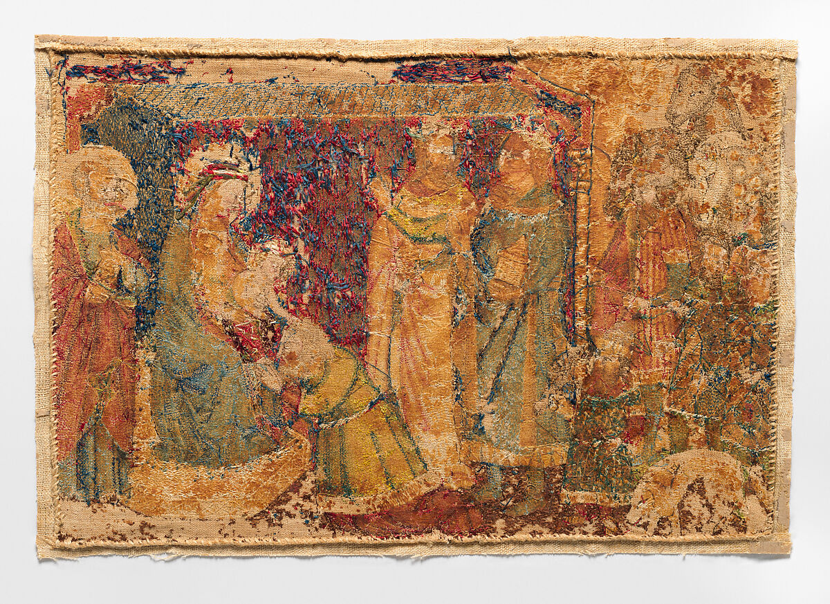 The Adoration of the Magi, Linen and cotton plain weave underlaid with linen plain weave and embroidered with silk and gilt-metal-strip-wrapped silk in bullion, split, and stem stitches, laid work, couching, and couching padded with cotton (couched with linen).  Underdrawing and wash in sepia ink.  Edging: hemp plain weave, Italian