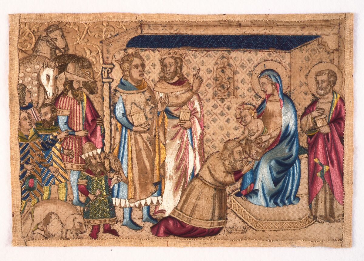 The Adoration of the Magi, Linen and cotton plain weave underlaid with linen plain weave and embroidered with silk and gilt-metal-strip-wrapped silk in bullion, split, and stem stitches, laid work, couching, and couching padded with cotton (couched with linen).  Underdrawing and wash in sepia ink.  Edging: hemp plain weave, Italian