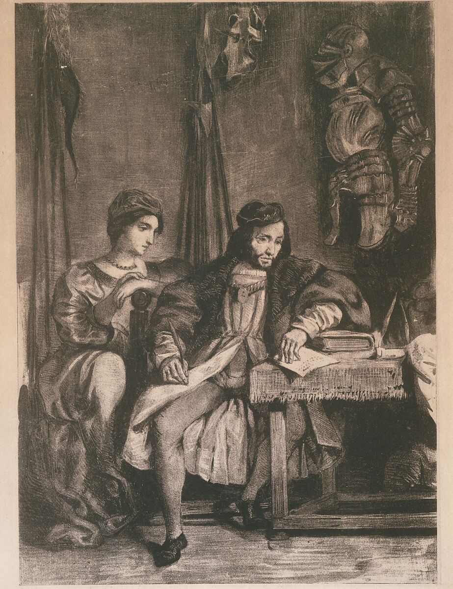 Scene from Goethe's 'Götz' (Götz von Berlichingen Writing his Memoirs), Eugène Delacroix (French, Charenton-Saint-Maurice 1798–1863 Paris), Lithograph 